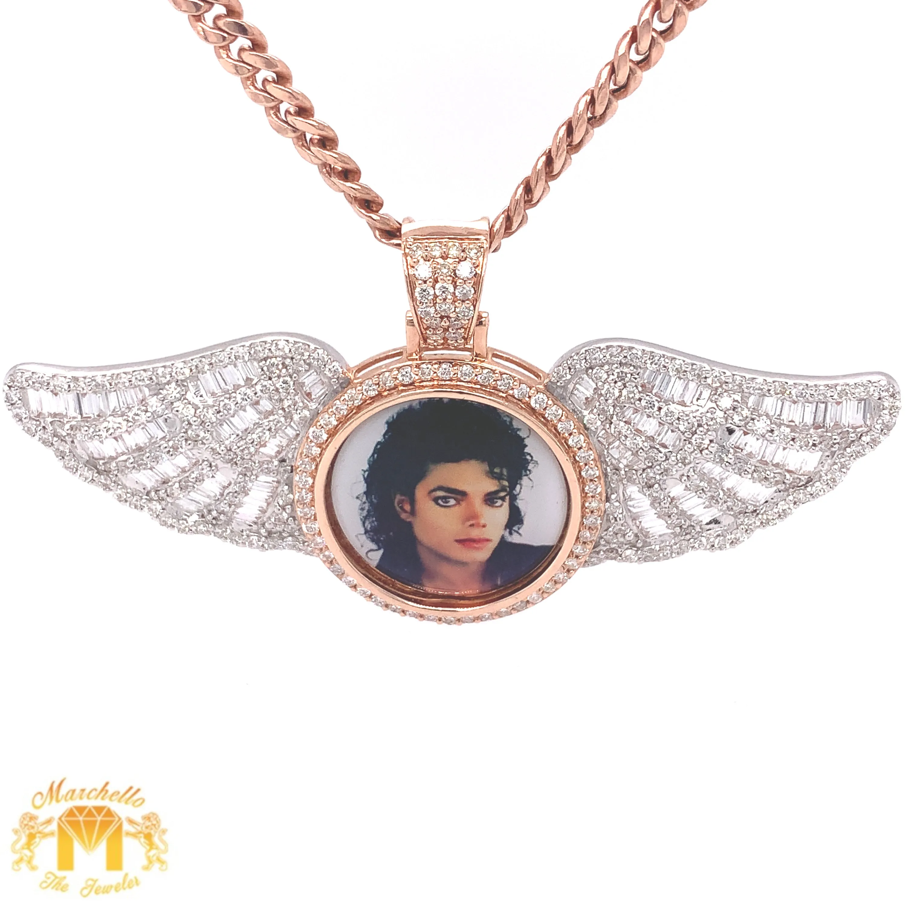 14k Gold Wings Memory Picture Diamond Pendant & Gold Chain Set