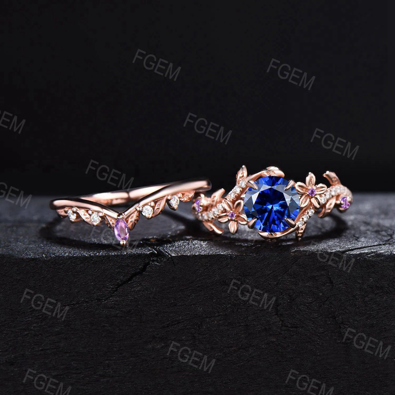 1ct Round Blue Sapphire Ring Set Rose Gold Floral Sapphire Amethyst Bridal Set Leaf Vine Moissanite Ring September Birthstone Promise Gifts