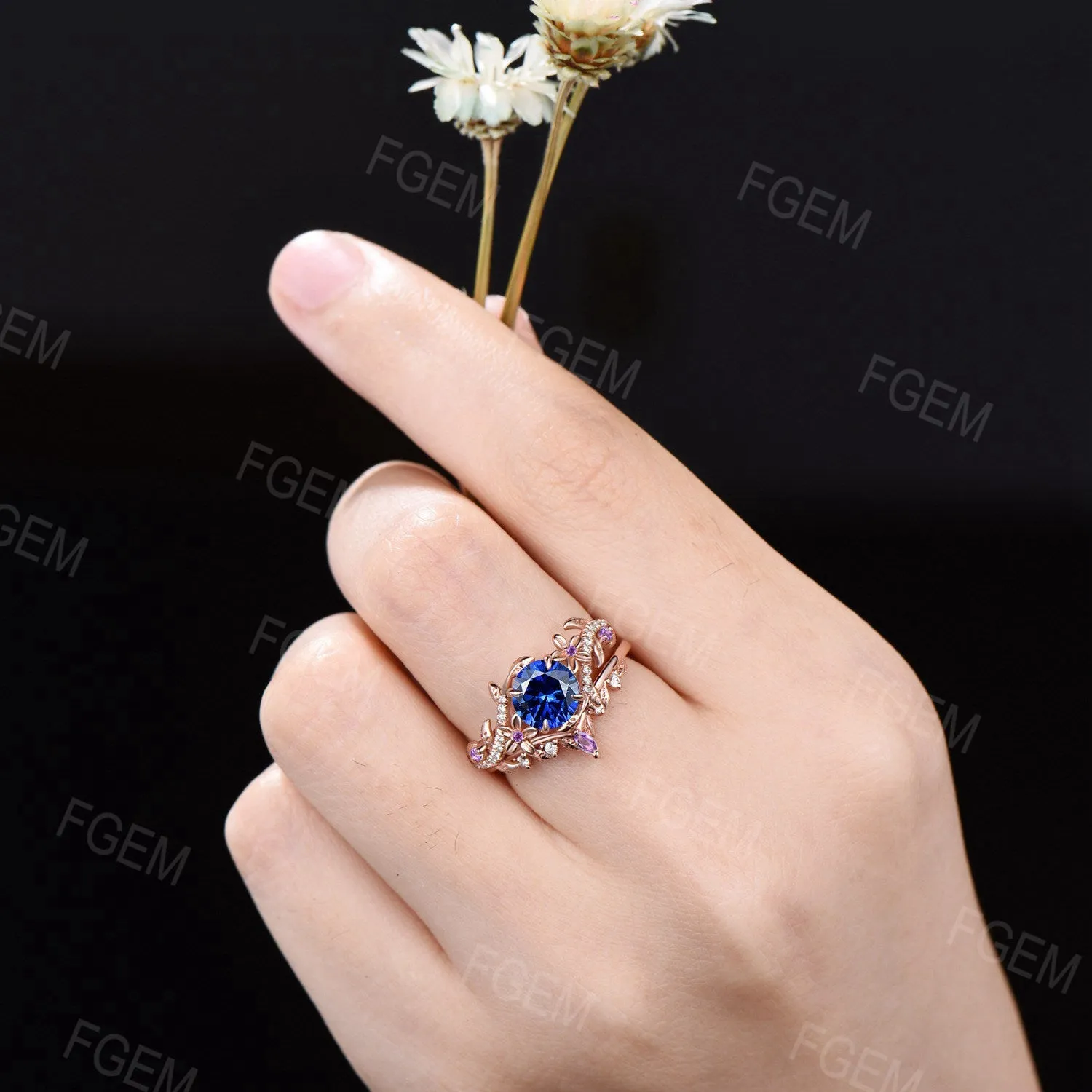 1ct Round Blue Sapphire Ring Set Rose Gold Floral Sapphire Amethyst Bridal Set Leaf Vine Moissanite Ring September Birthstone Promise Gifts