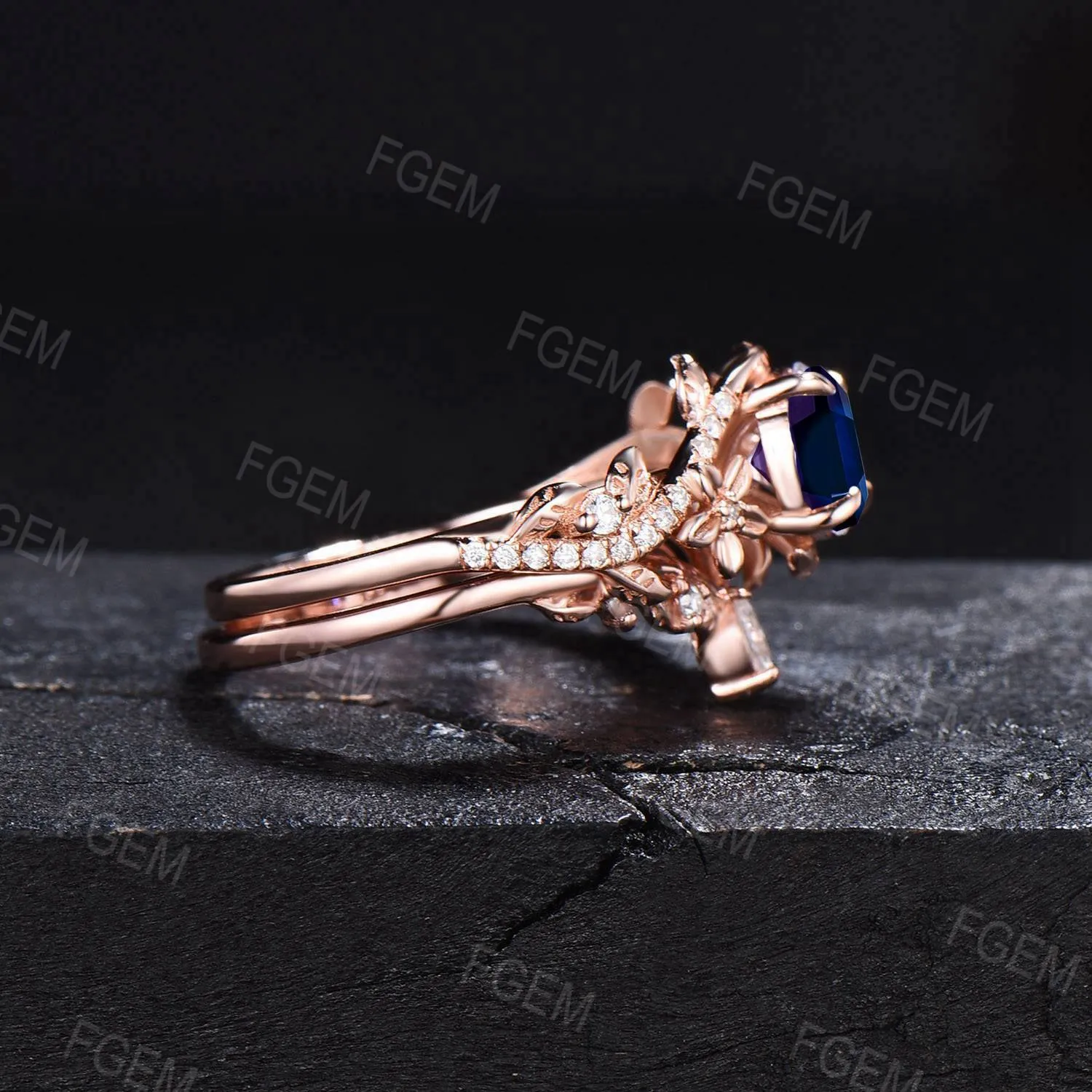 1ct Round Blue Sapphire Ring Set Rose Gold Floral Sapphire Amethyst Bridal Set Leaf Vine Moissanite Ring September Birthstone Promise Gifts