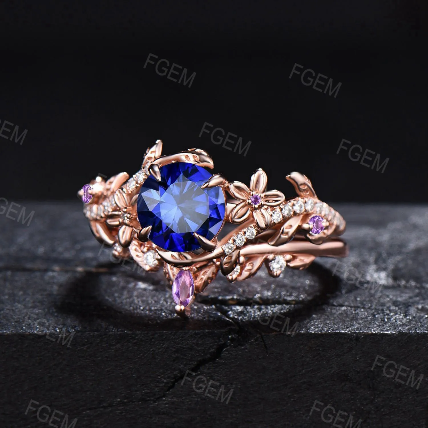 1ct Round Blue Sapphire Ring Set Rose Gold Floral Sapphire Amethyst Bridal Set Leaf Vine Moissanite Ring September Birthstone Promise Gifts