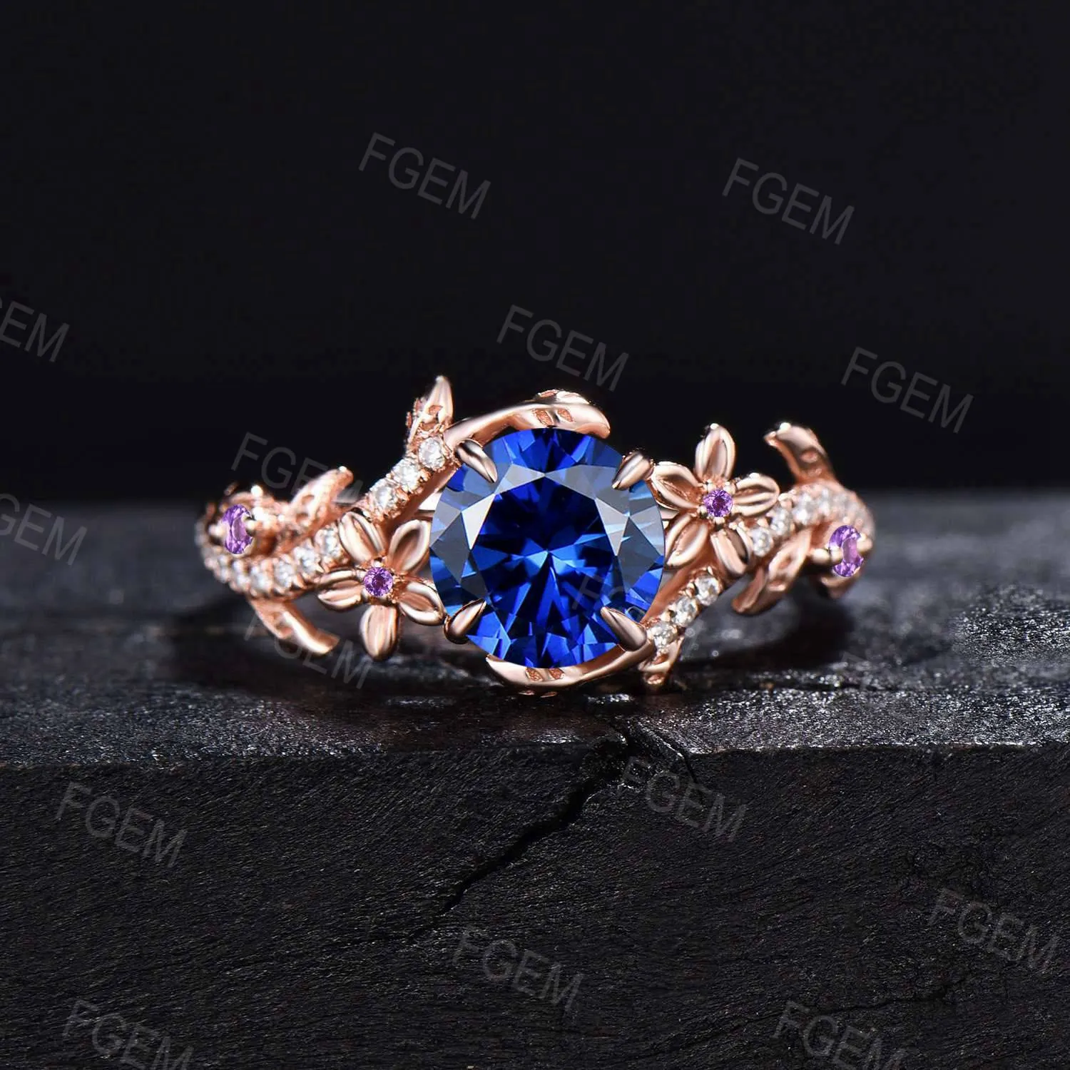 1ct Round Blue Sapphire Ring Set Rose Gold Floral Sapphire Amethyst Bridal Set Leaf Vine Moissanite Ring September Birthstone Promise Gifts