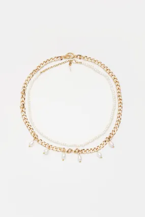 2 piece pearl choker and gold chain with pearls