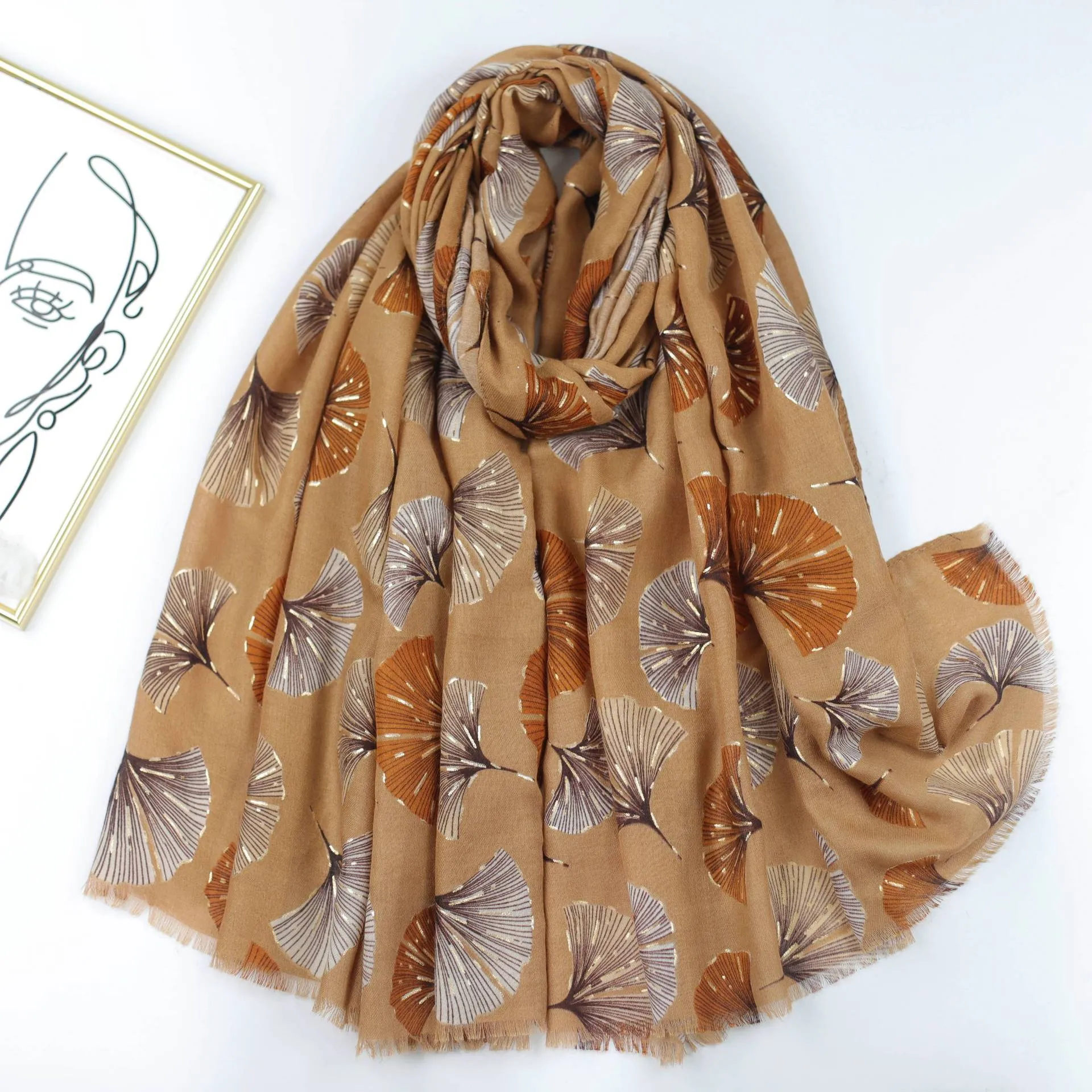 230607 ginkgo leaf printed scarf