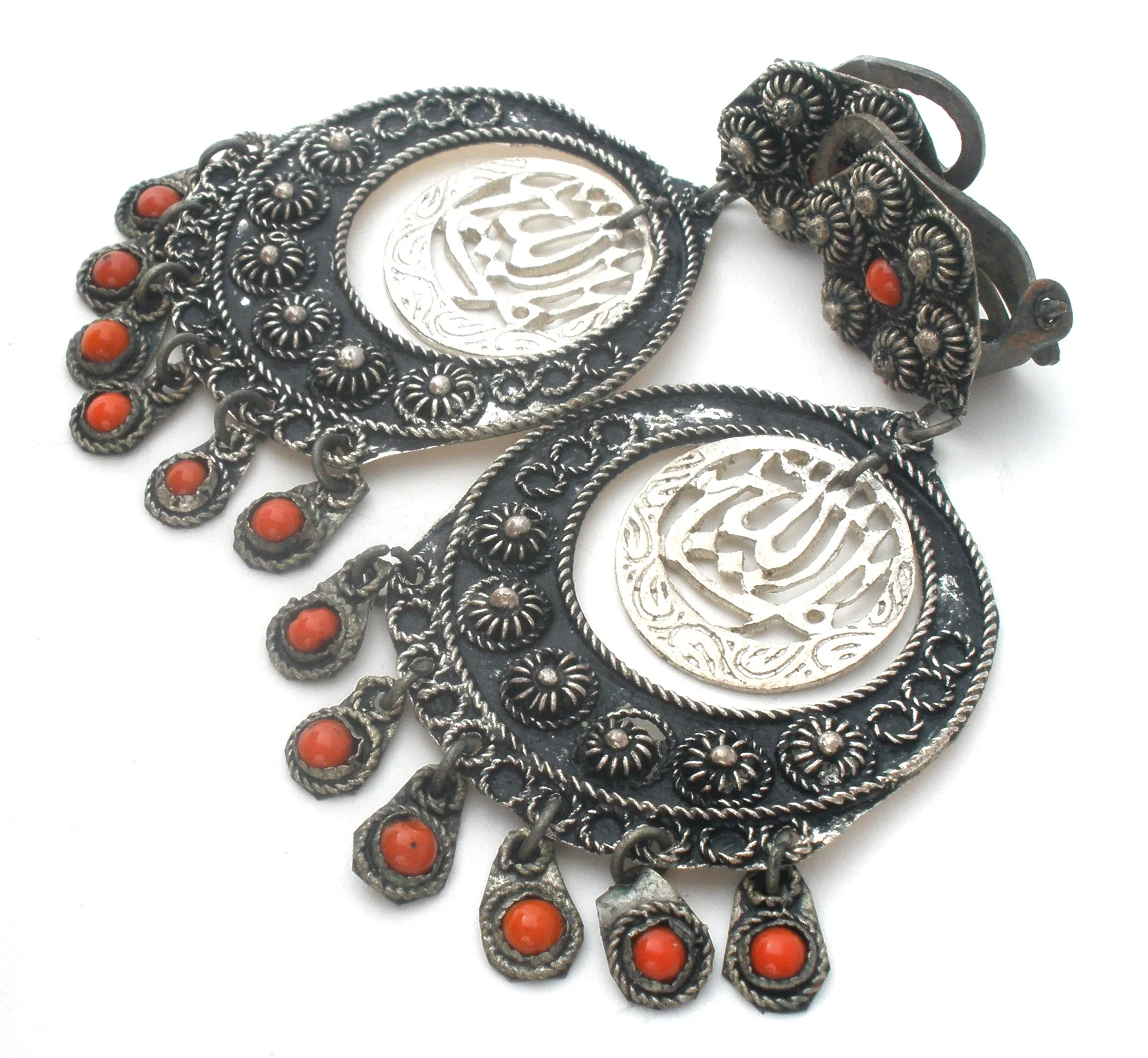 900 Silver Cannetille Coral Earrings Vintage