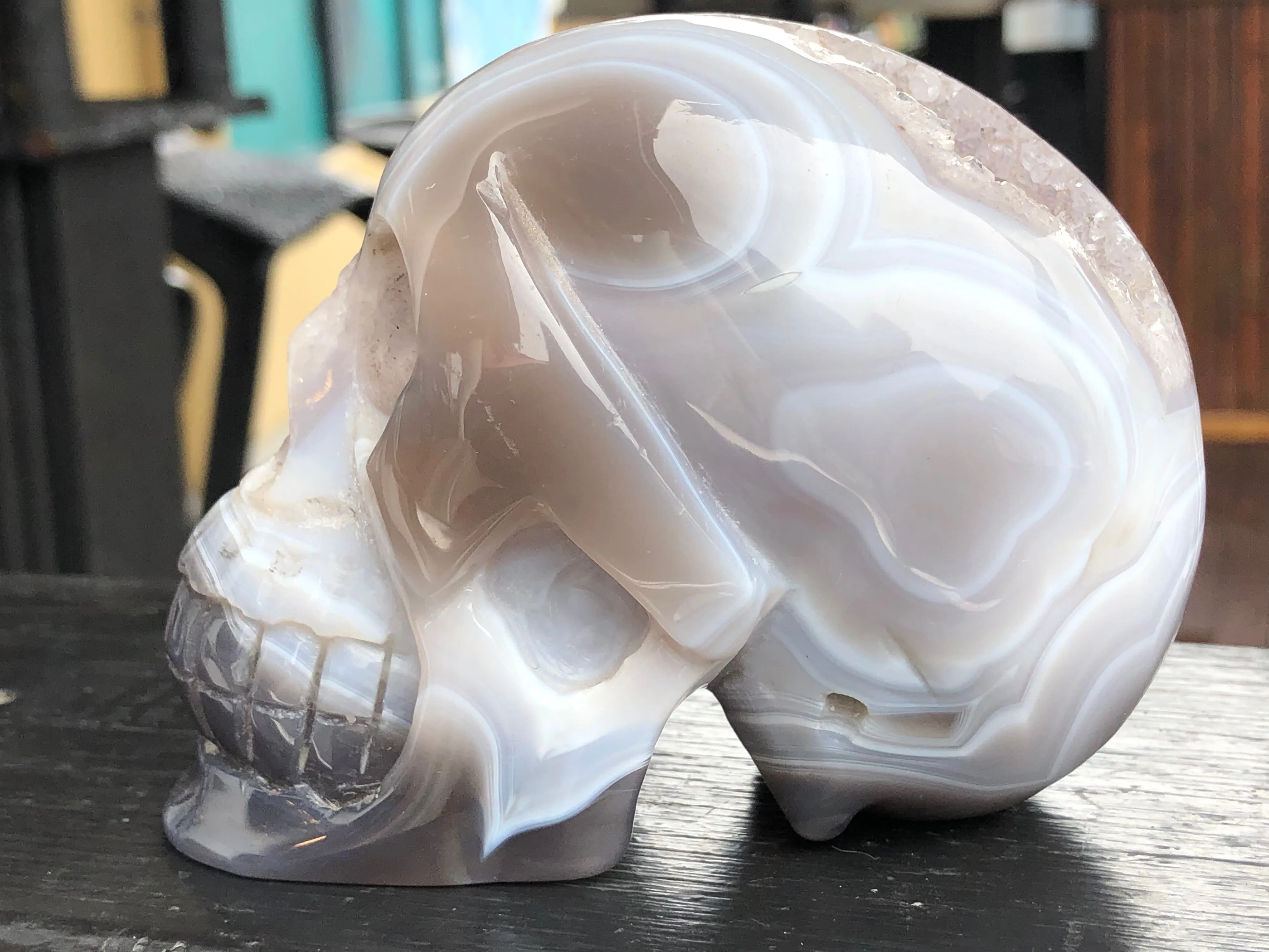 Blue Grey Banded Agate and Quartz Geode Skull [1k980]