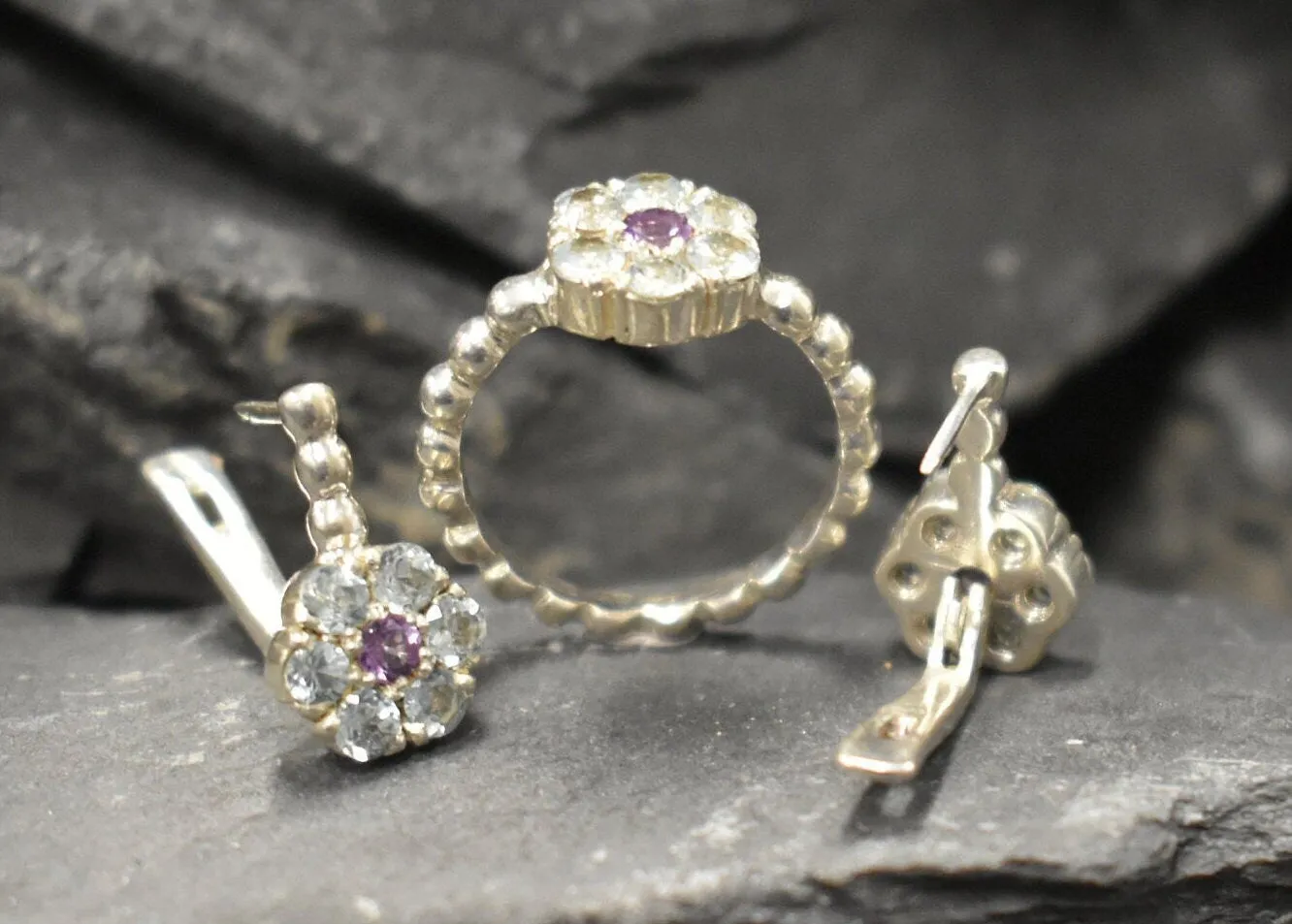 Blue Topaz Flower Ring - Dainty Blue Flower Ring - Natural Blue Topaz Ring