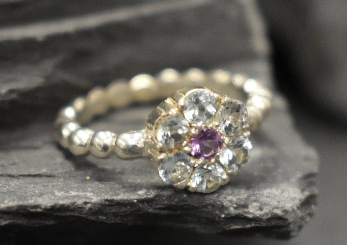 Blue Topaz Flower Ring - Dainty Blue Flower Ring - Natural Blue Topaz Ring