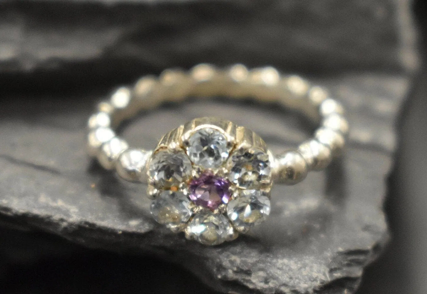 Blue Topaz Flower Ring - Dainty Blue Flower Ring - Natural Blue Topaz Ring