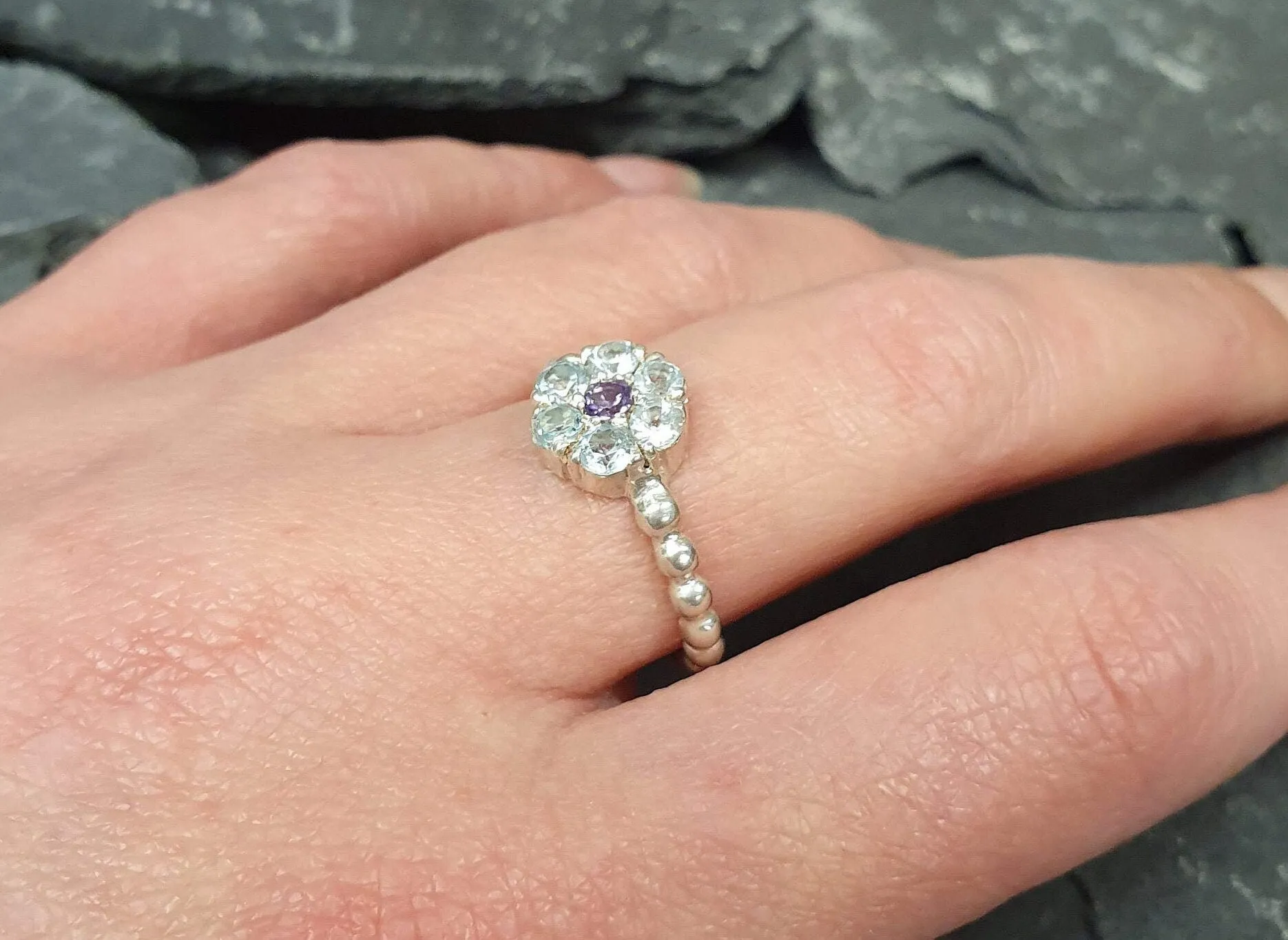 Blue Topaz Flower Ring - Dainty Blue Flower Ring - Natural Blue Topaz Ring
