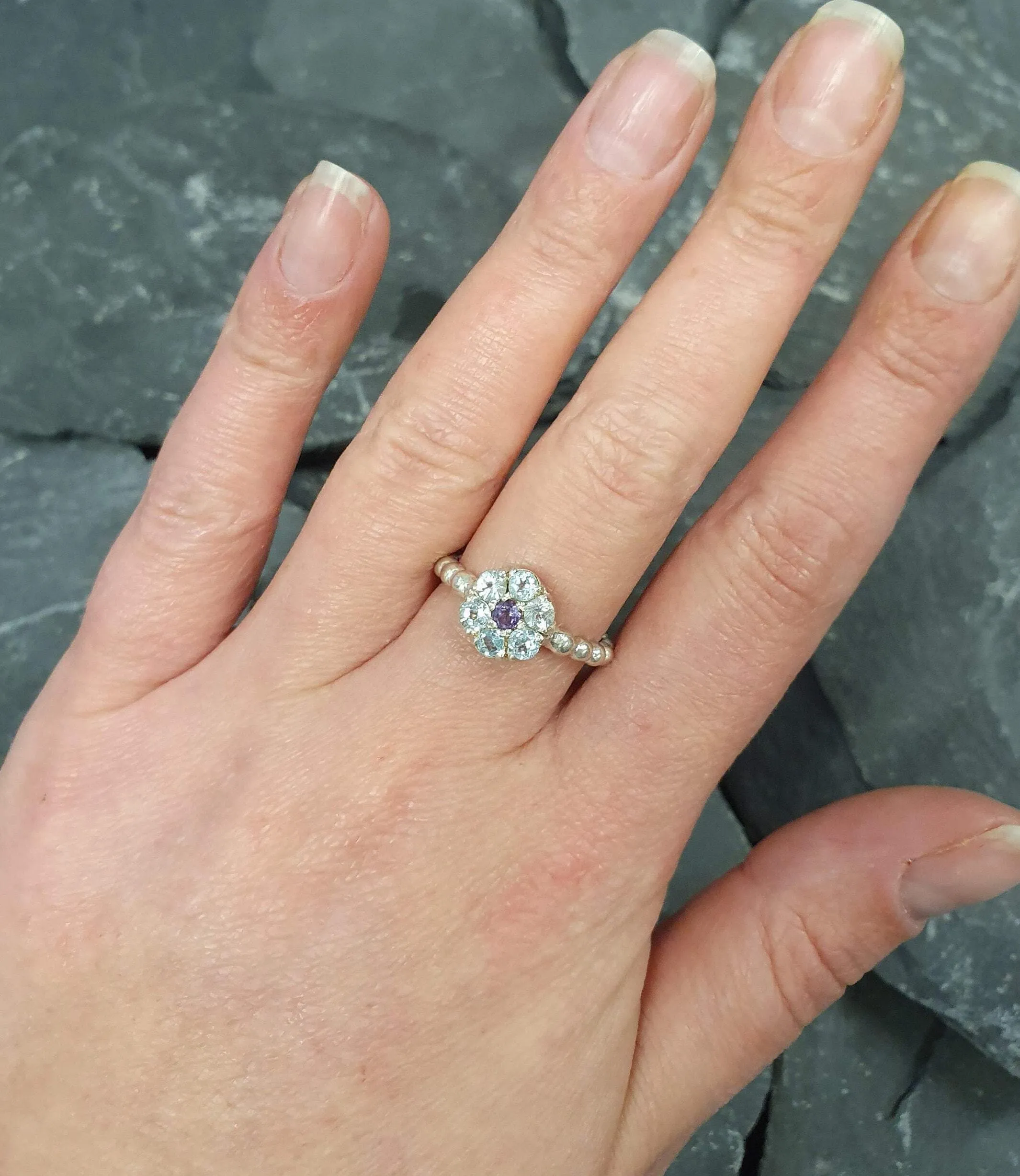 Blue Topaz Flower Ring - Dainty Blue Flower Ring - Natural Blue Topaz Ring