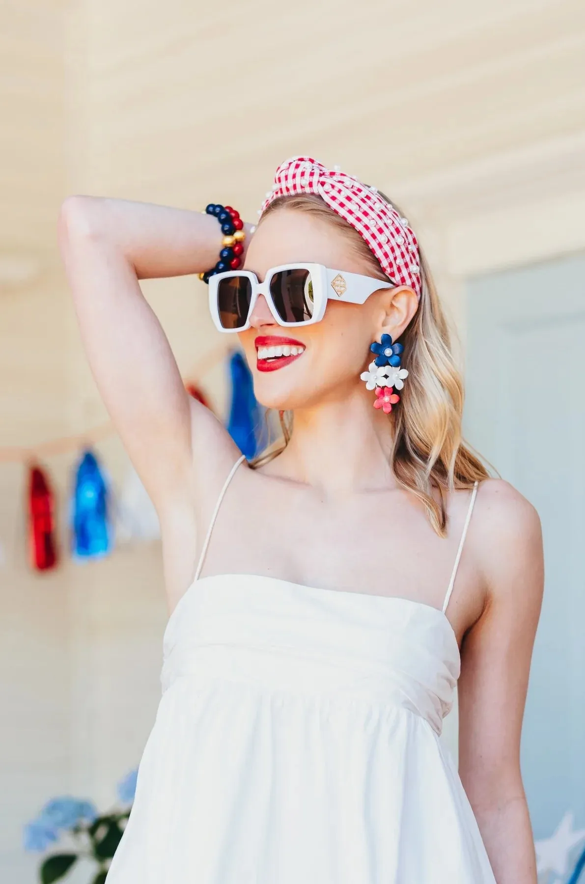 Blue, White & Red Flower Drop Earrings [Brianna Cannon]