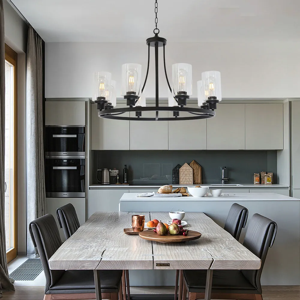 BONLICHT Black Chandelier 8 Lights, Kitchen Island Lighting Industrial Chandelier with Clear Glass Shade
