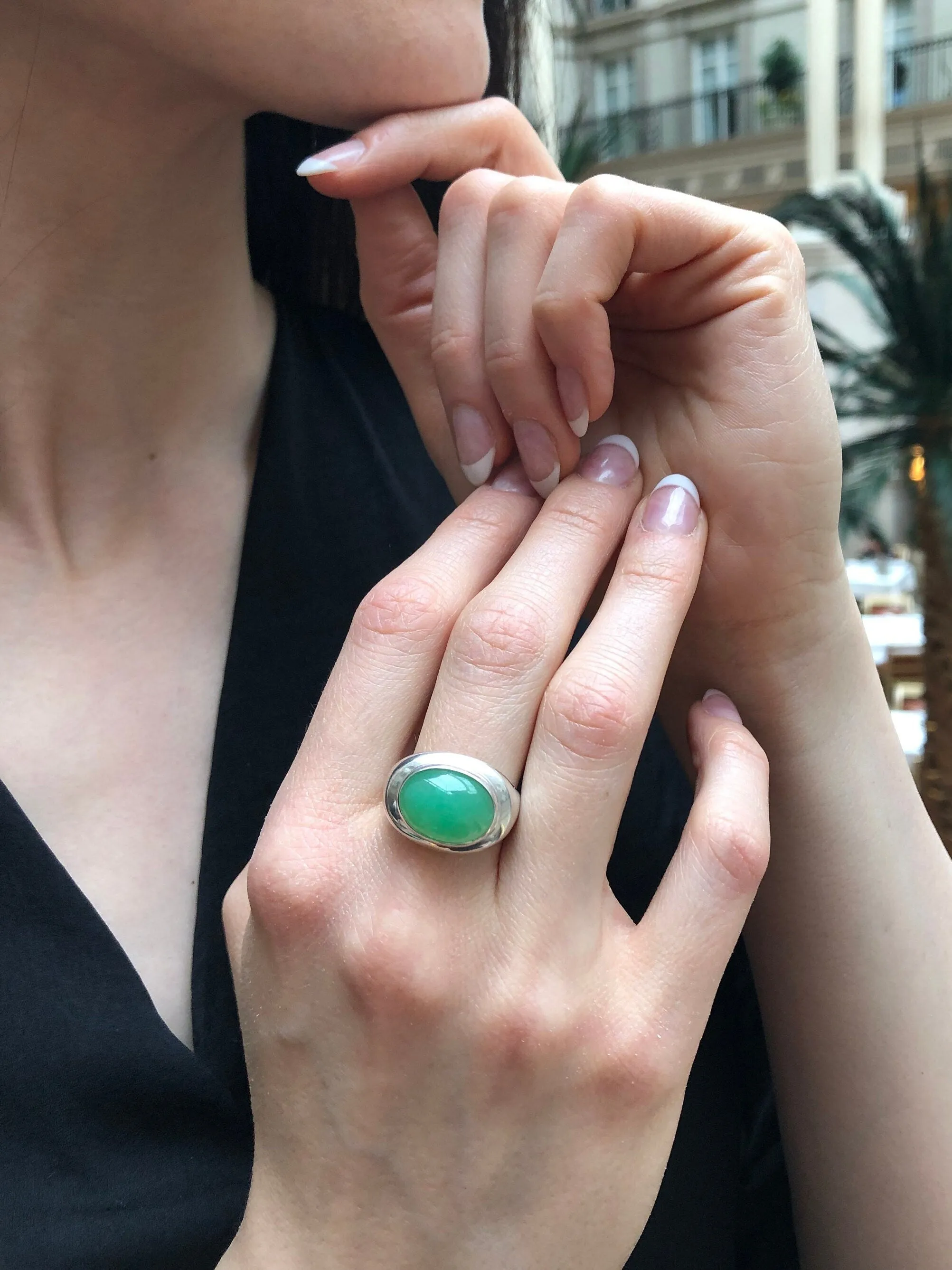 Chrysoprase Ring - Green Bezel Ring - Oval Statement Ring