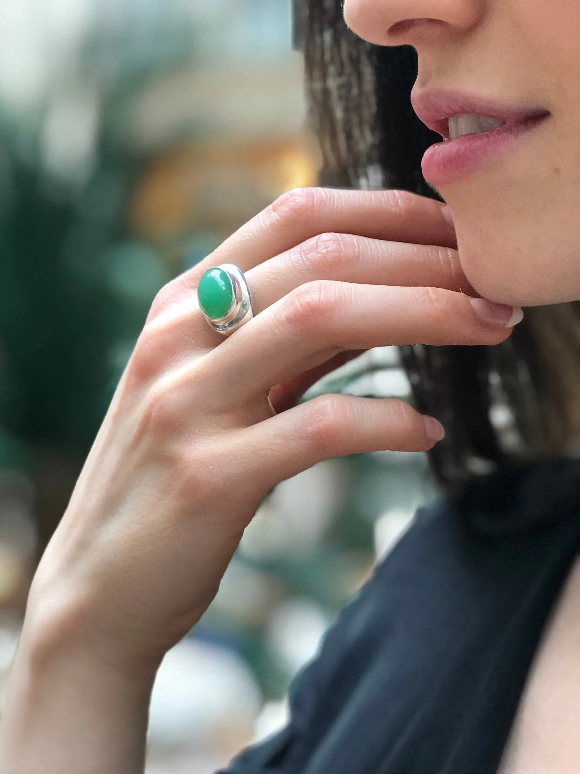 Chrysoprase Ring - Green Bezel Ring - Oval Statement Ring