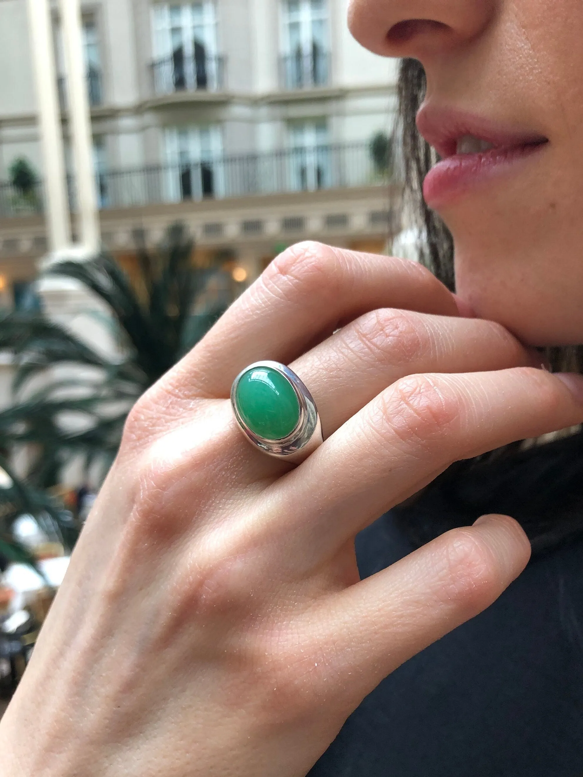 Chrysoprase Ring - Green Bezel Ring - Oval Statement Ring