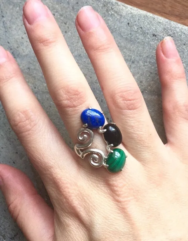 Chrysoprase Ring - Three Stone Ring - Green Statement Ring