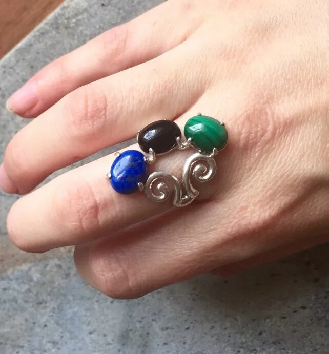 Chrysoprase Ring - Three Stone Ring - Green Statement Ring
