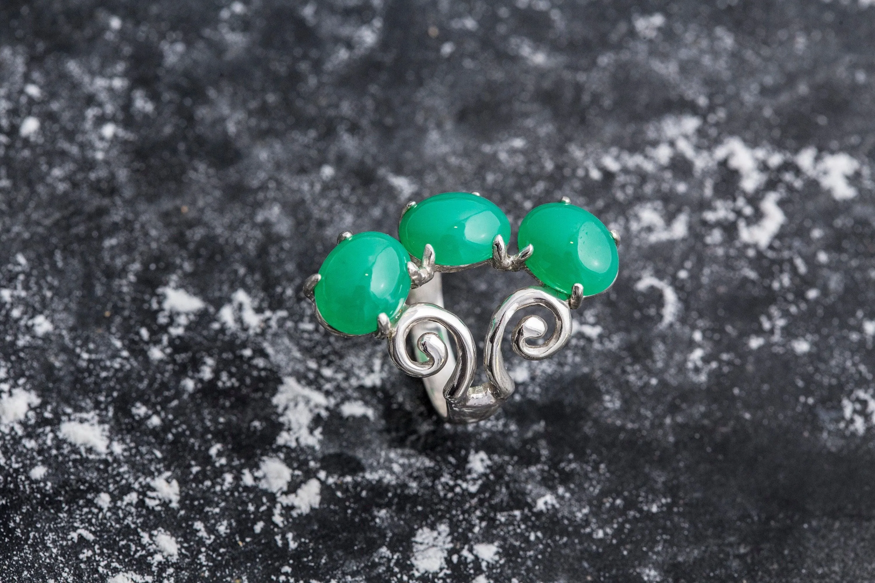 Chrysoprase Ring - Three Stone Ring - Green Statement Ring