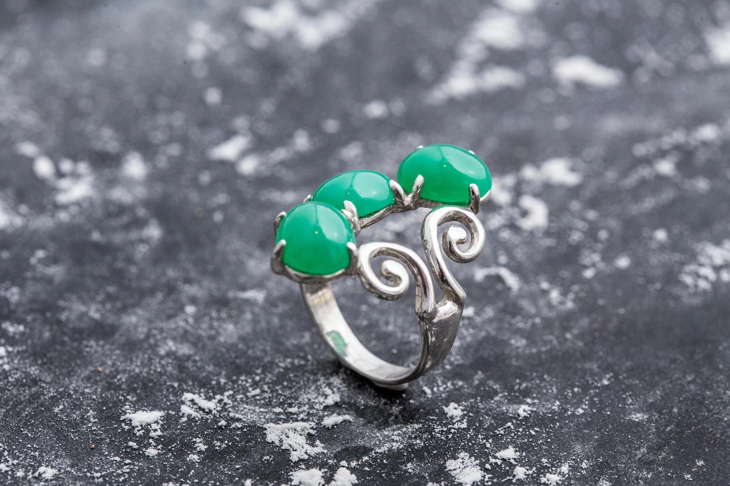 Chrysoprase Ring - Three Stone Ring - Green Statement Ring