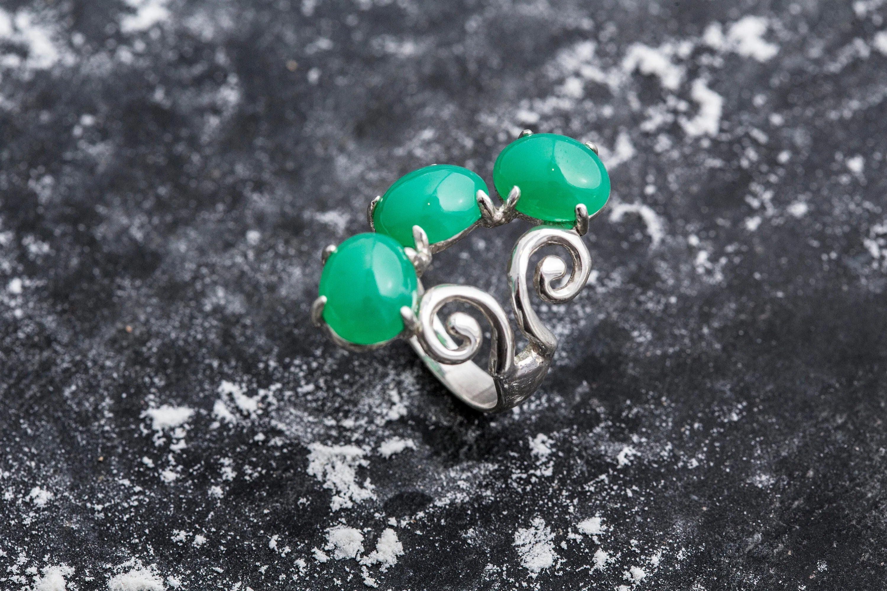 Chrysoprase Ring - Three Stone Ring - Green Statement Ring