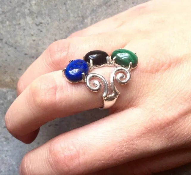 Chrysoprase Ring - Three Stone Ring - Green Statement Ring