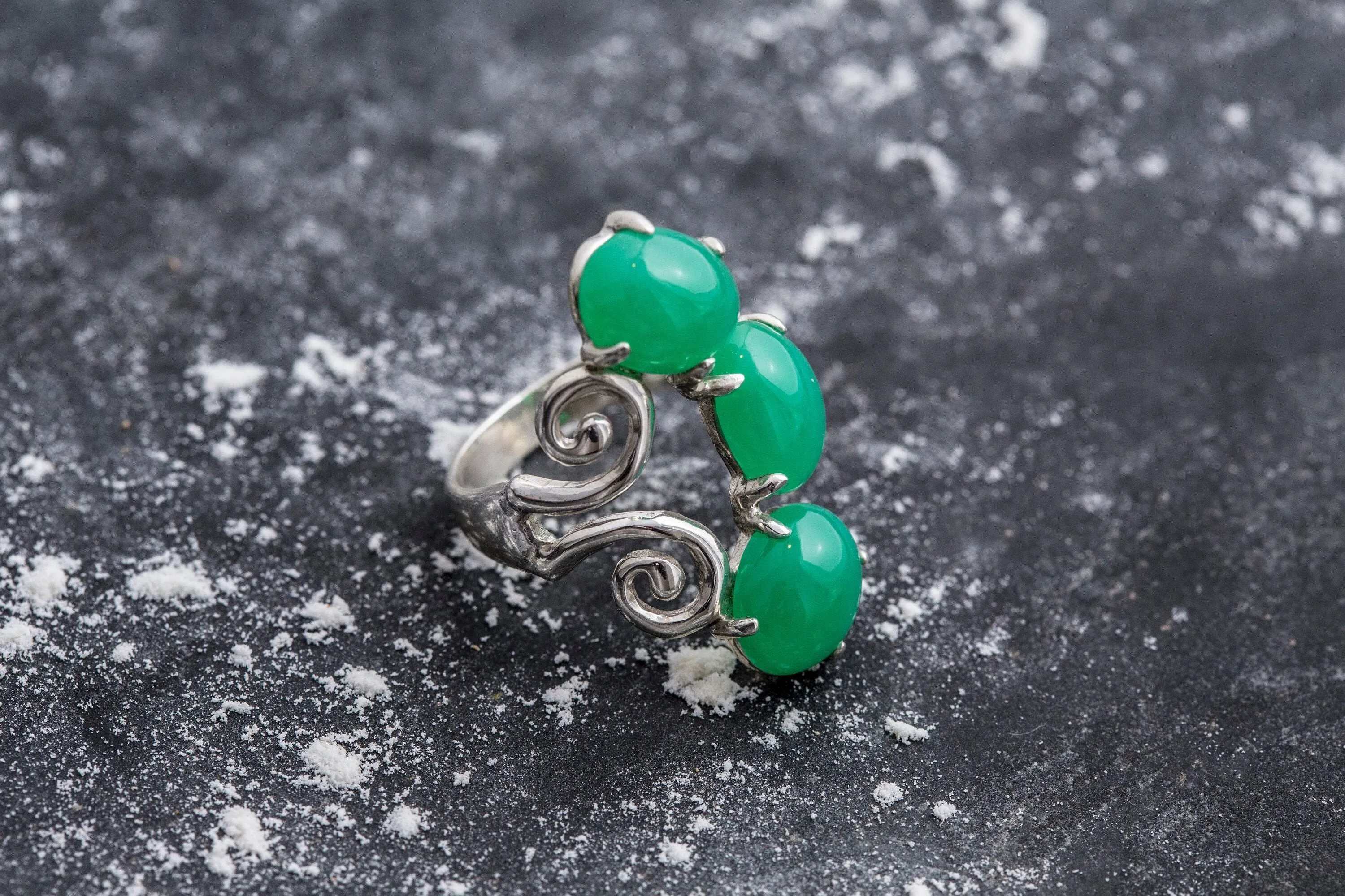 Chrysoprase Ring - Three Stone Ring - Green Statement Ring
