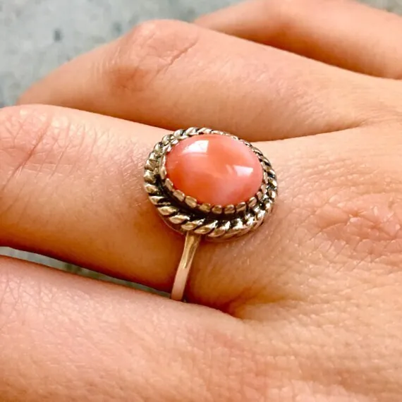 Coral Solitaire Ring - Pink Vintage Ring - Silver Coral Ring