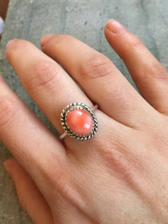 Coral Solitaire Ring - Pink Vintage Ring - Silver Coral Ring
