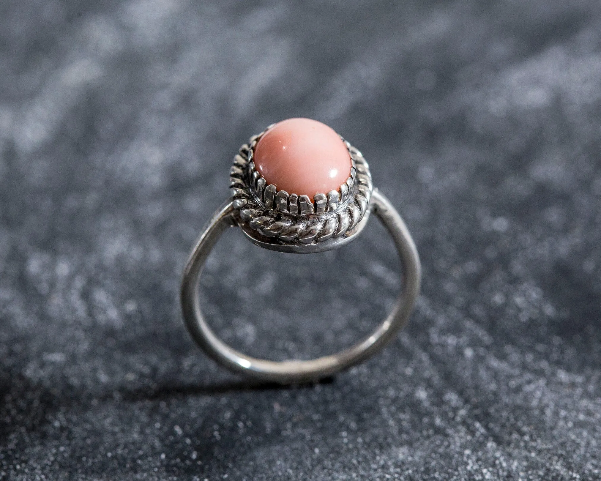 Coral Solitaire Ring - Pink Vintage Ring - Silver Coral Ring