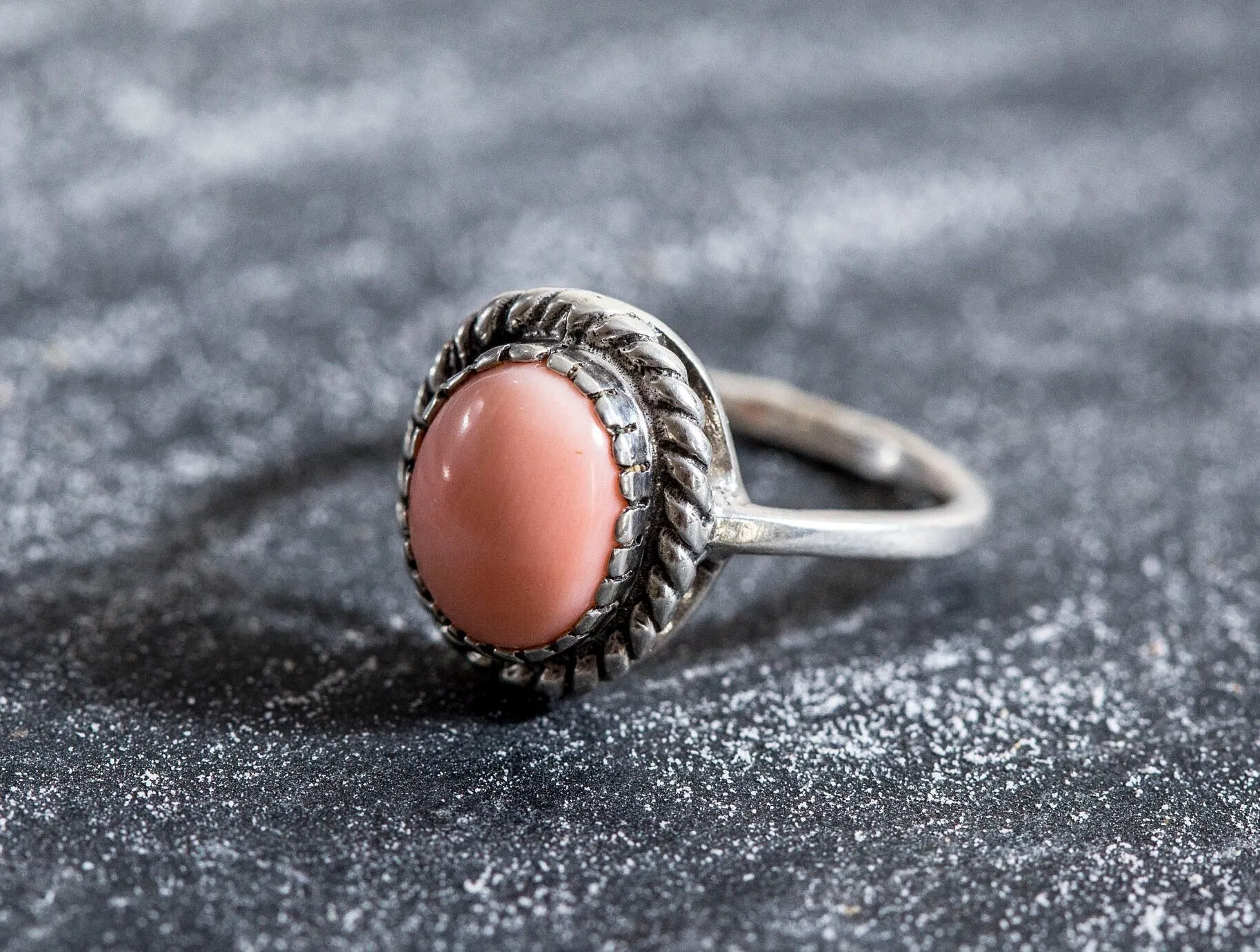 Coral Solitaire Ring - Pink Vintage Ring - Silver Coral Ring
