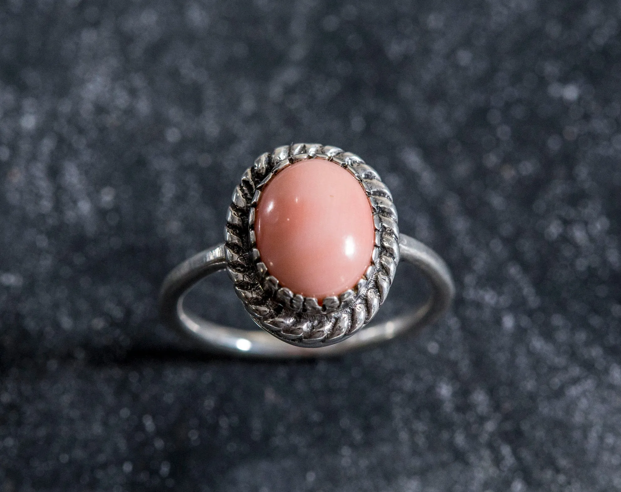 Coral Solitaire Ring - Pink Vintage Ring - Silver Coral Ring