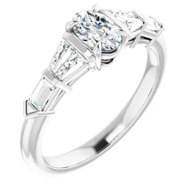 Cubic Zirconia Engagement Ring- The Annaliza (Customizable 7-stone Design with Oval Cut Center and Baguette Accents)