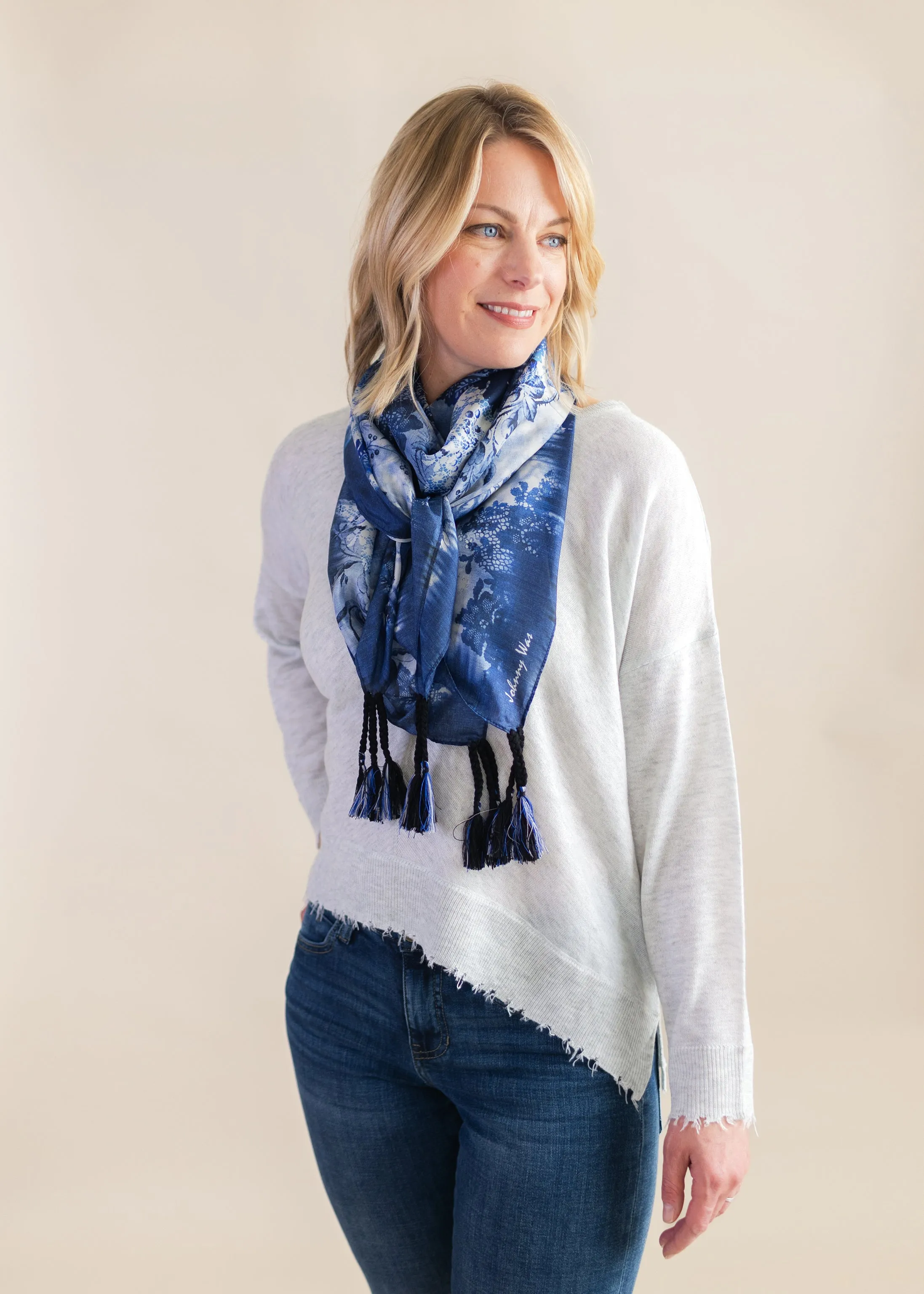 Denim Lace Square Silk Scarf | Johnny Was