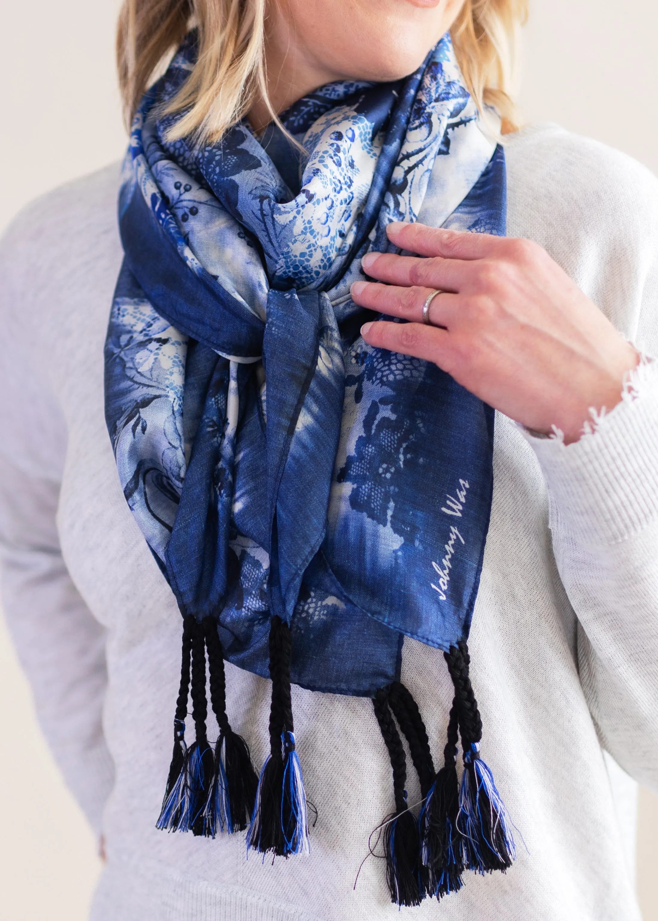 Denim Lace Square Silk Scarf | Johnny Was