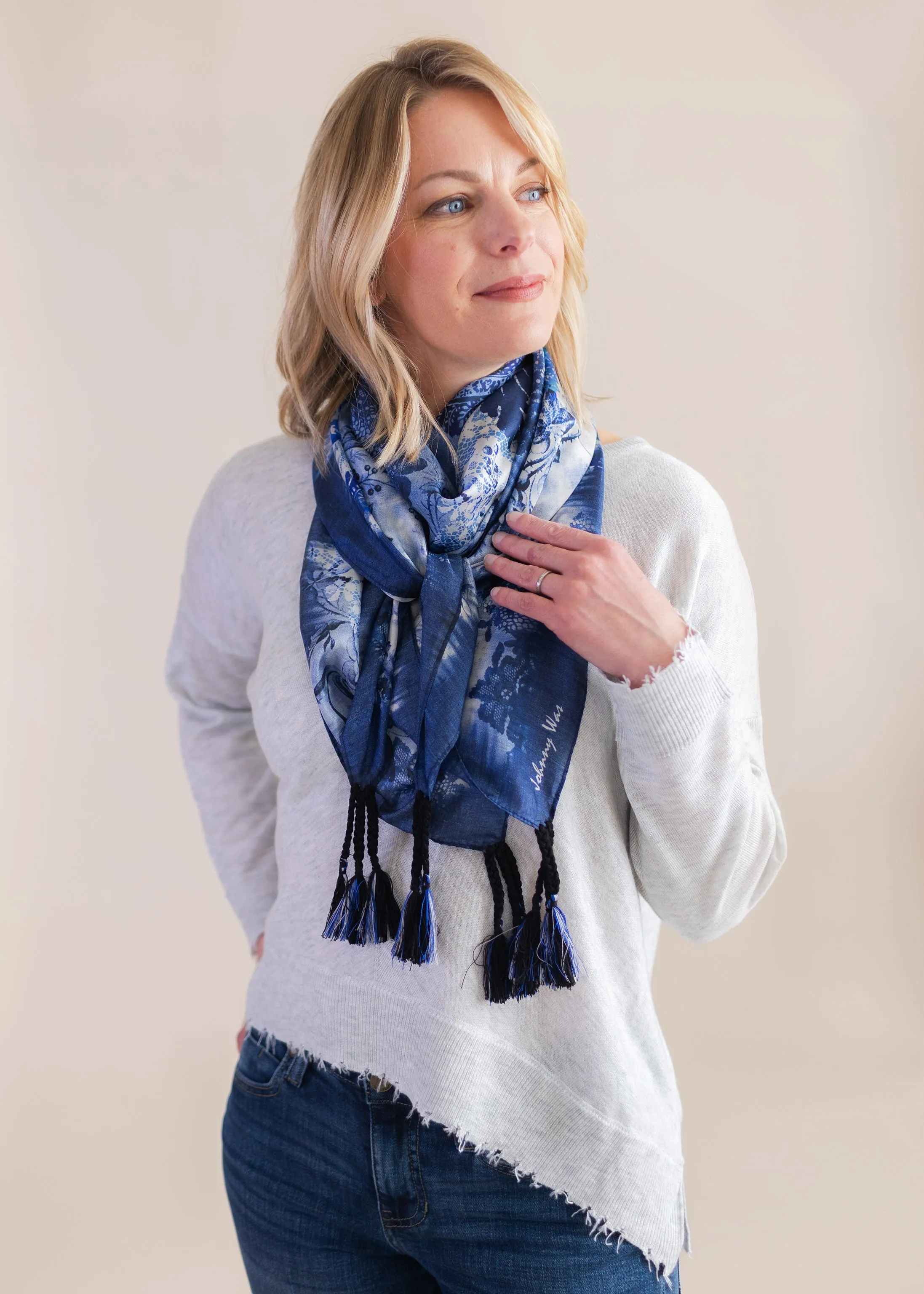 Denim Lace Square Silk Scarf | Johnny Was