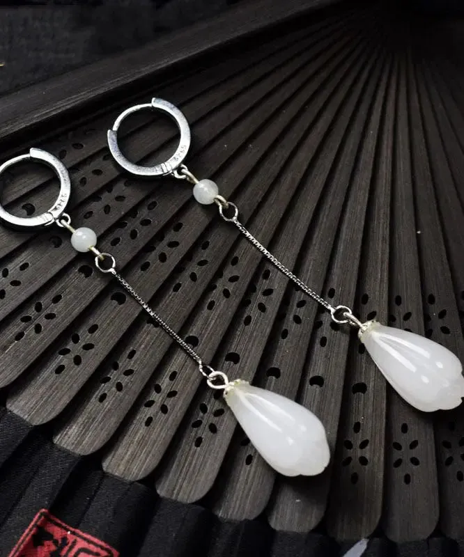 Elegant White Sterling Silver Jade Drip Drop Earrings LY8551