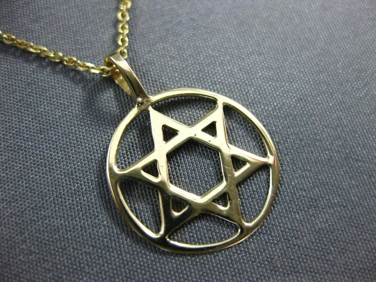 ESTATE SMALL 18KT YELLOW GOLD 3D STAR OF DAVID CIRCULAR FLOATING PENDANT #24774