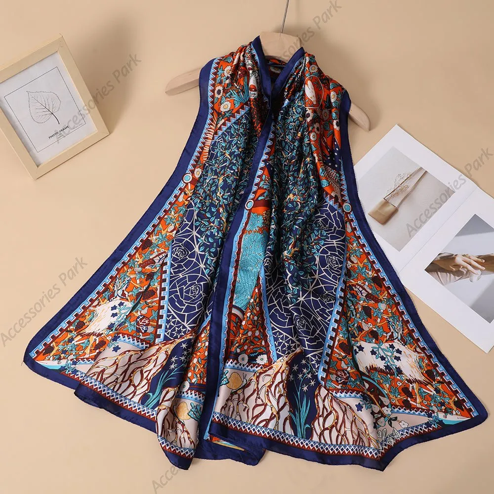 Ethnic Style Multicolor Printed Satin Silk Scarf