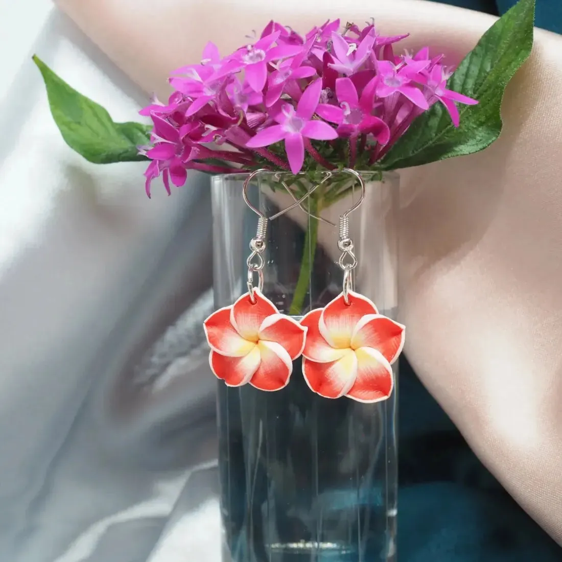 Flirty Plumeria Red Drop Earrings