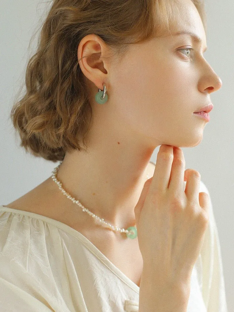 Green Jade Silver Hoop Earrings
