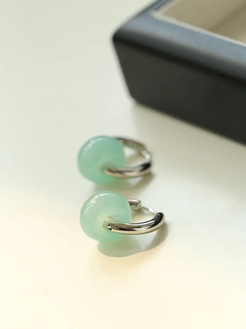 Green Jade Silver Hoop Earrings