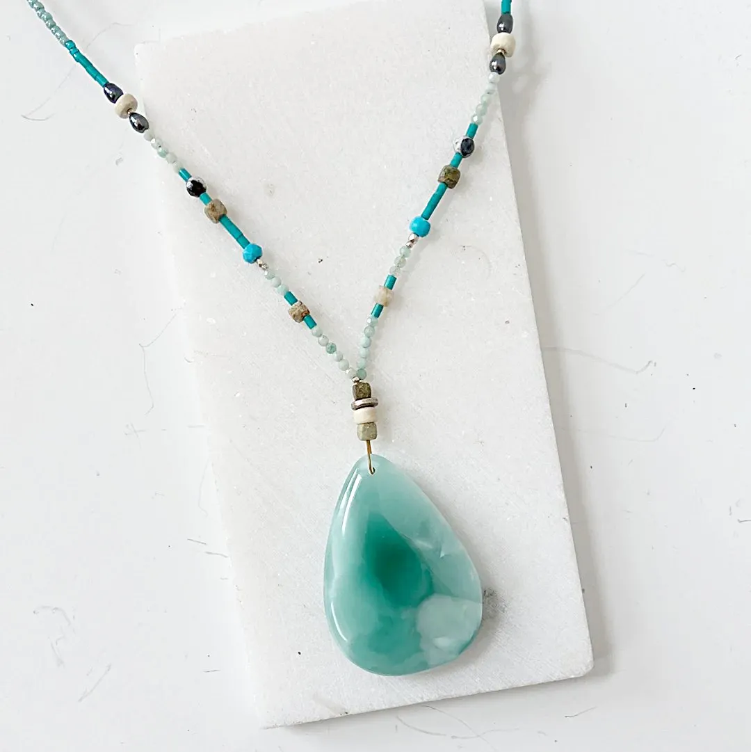 Iridescent Dark Green Moonstone Teardrop Necklace-