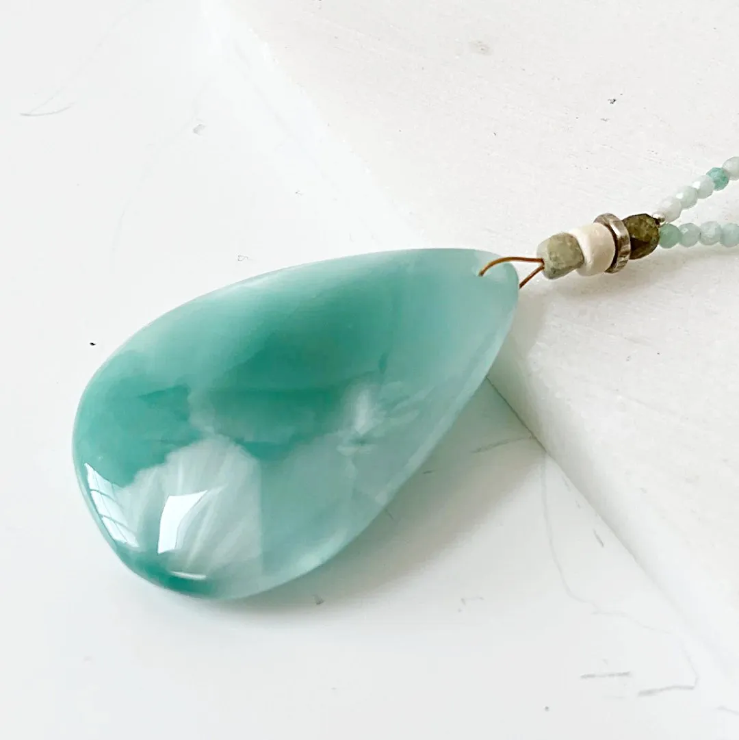Iridescent Dark Green Moonstone Teardrop Necklace-