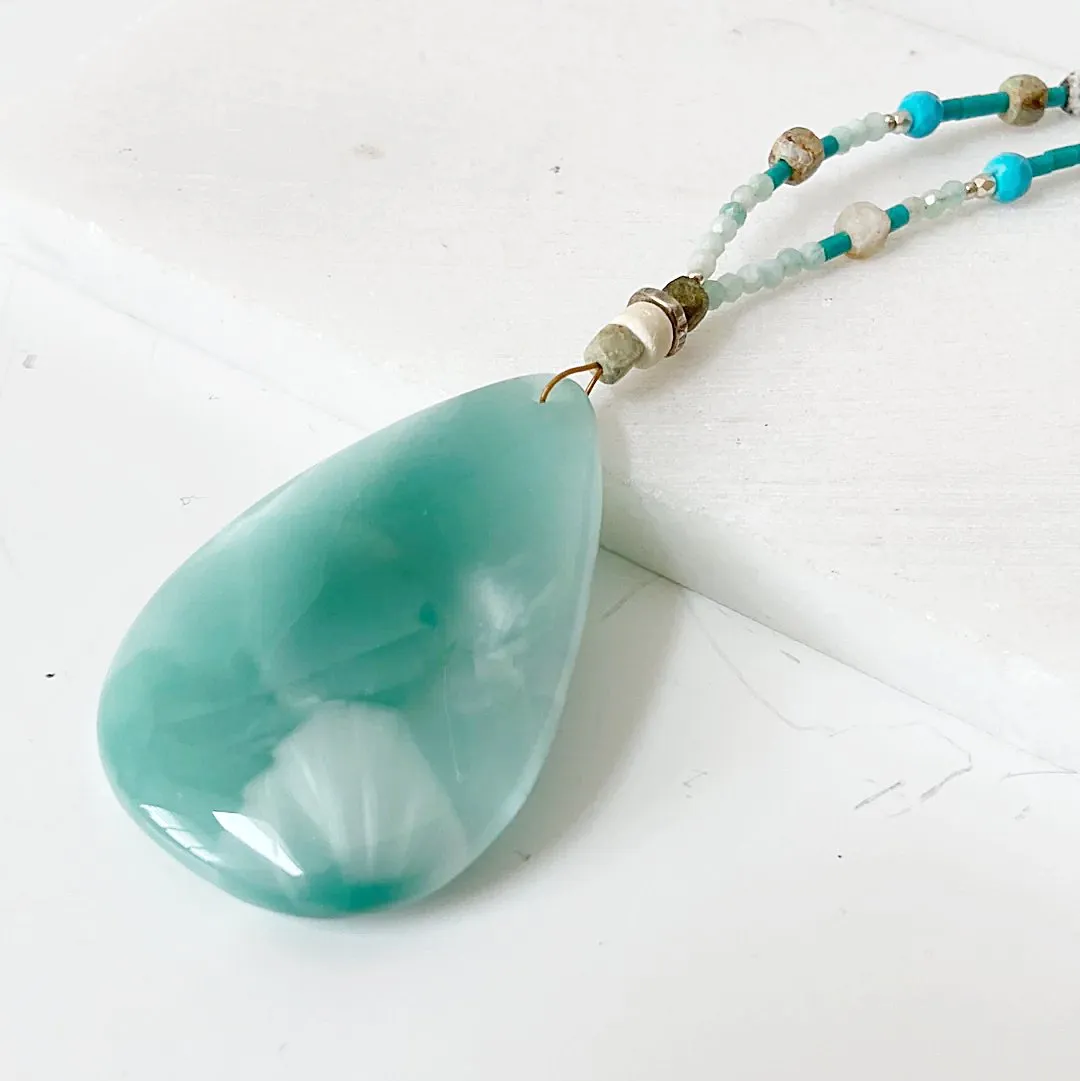 Iridescent Dark Green Moonstone Teardrop Necklace-