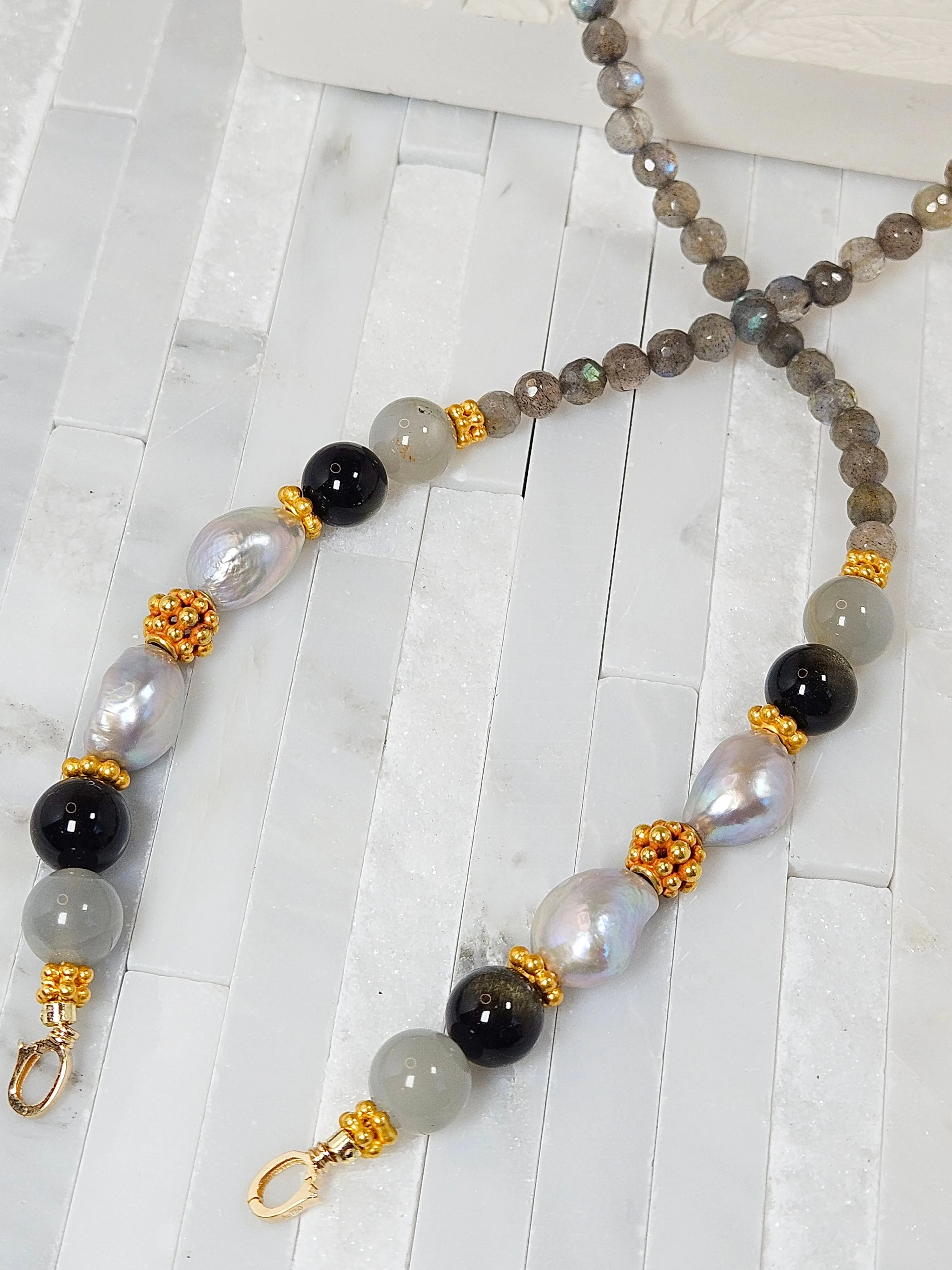 Labradorite, Grey Moonstone, Golden Obsidian and Freshwater Pearl 18K Gold Necklace 21"