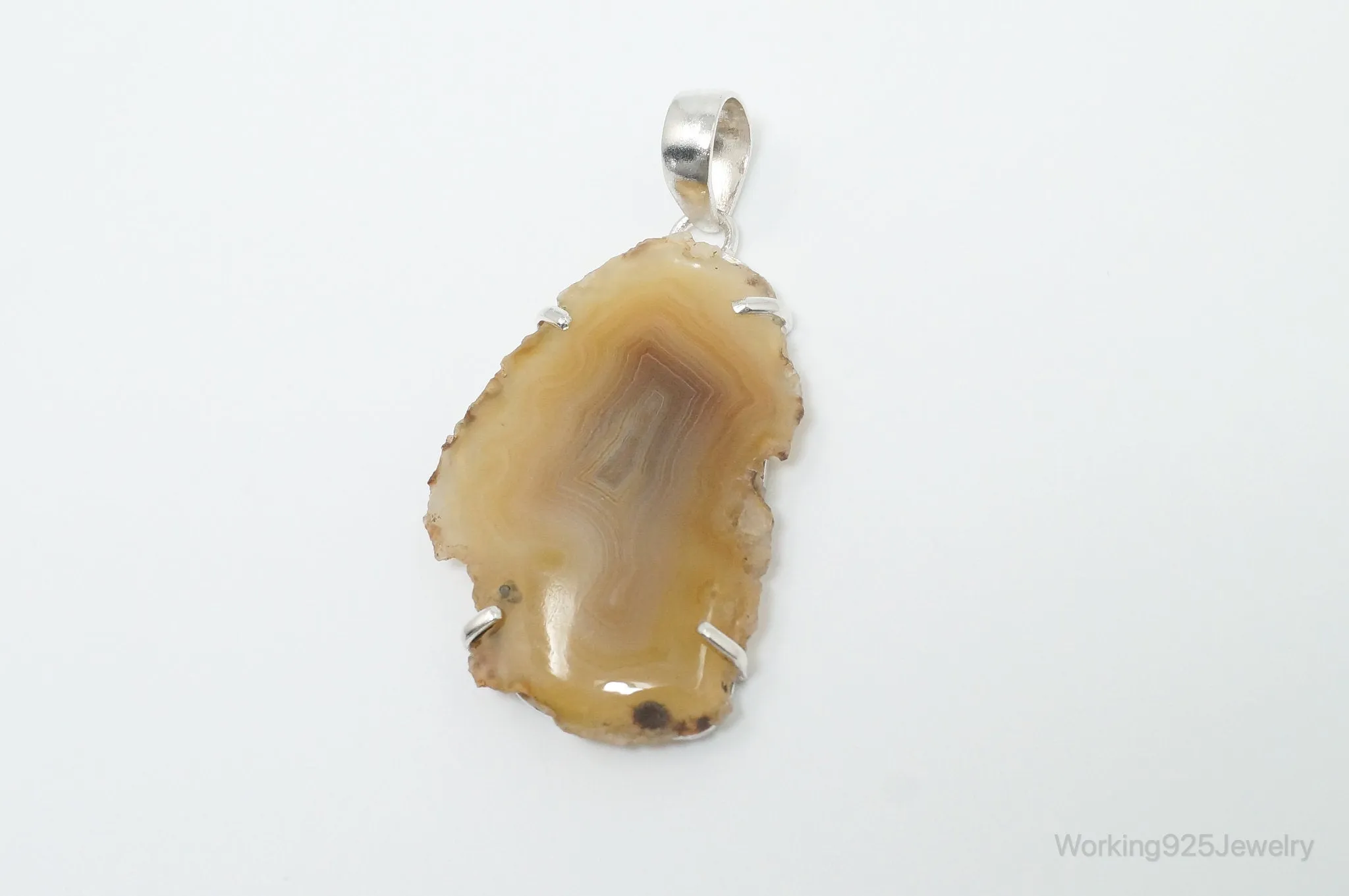 Large Vintage Brown Crazy Lace Agate Sterling Silver Necklace Pendant