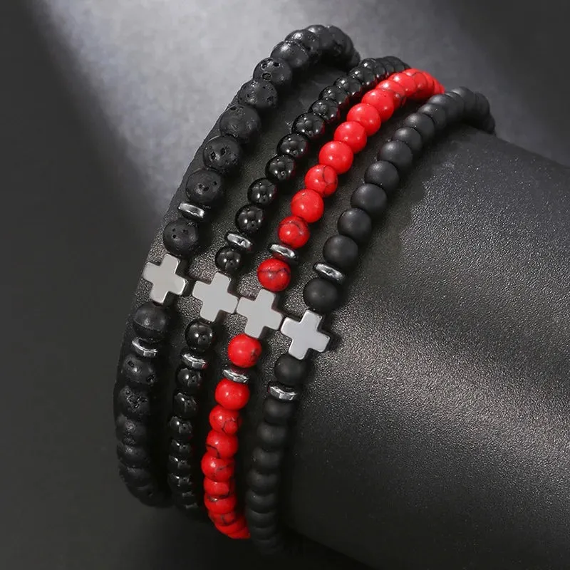 Lucky Cross Charm Bracelet 4mm Natural Stone Lava Quartzs Bead Bracelets Reiki Yoga Energy Bracelet for Men Women Jewelry