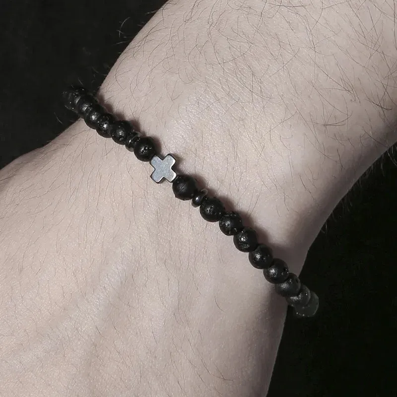 Lucky Cross Charm Bracelet 4mm Natural Stone Lava Quartzs Bead Bracelets Reiki Yoga Energy Bracelet for Men Women Jewelry