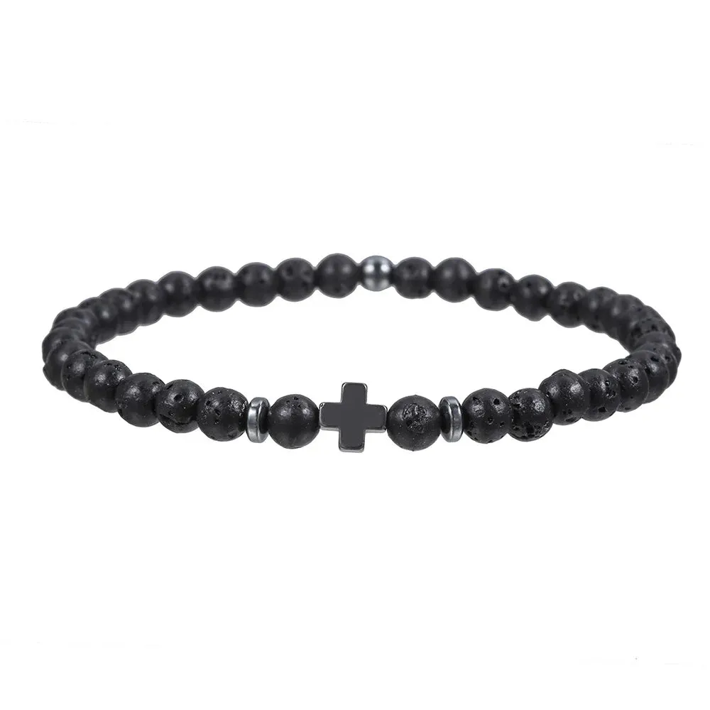 Lucky Cross Charm Bracelet 4mm Natural Stone Lava Quartzs Bead Bracelets Reiki Yoga Energy Bracelet for Men Women Jewelry